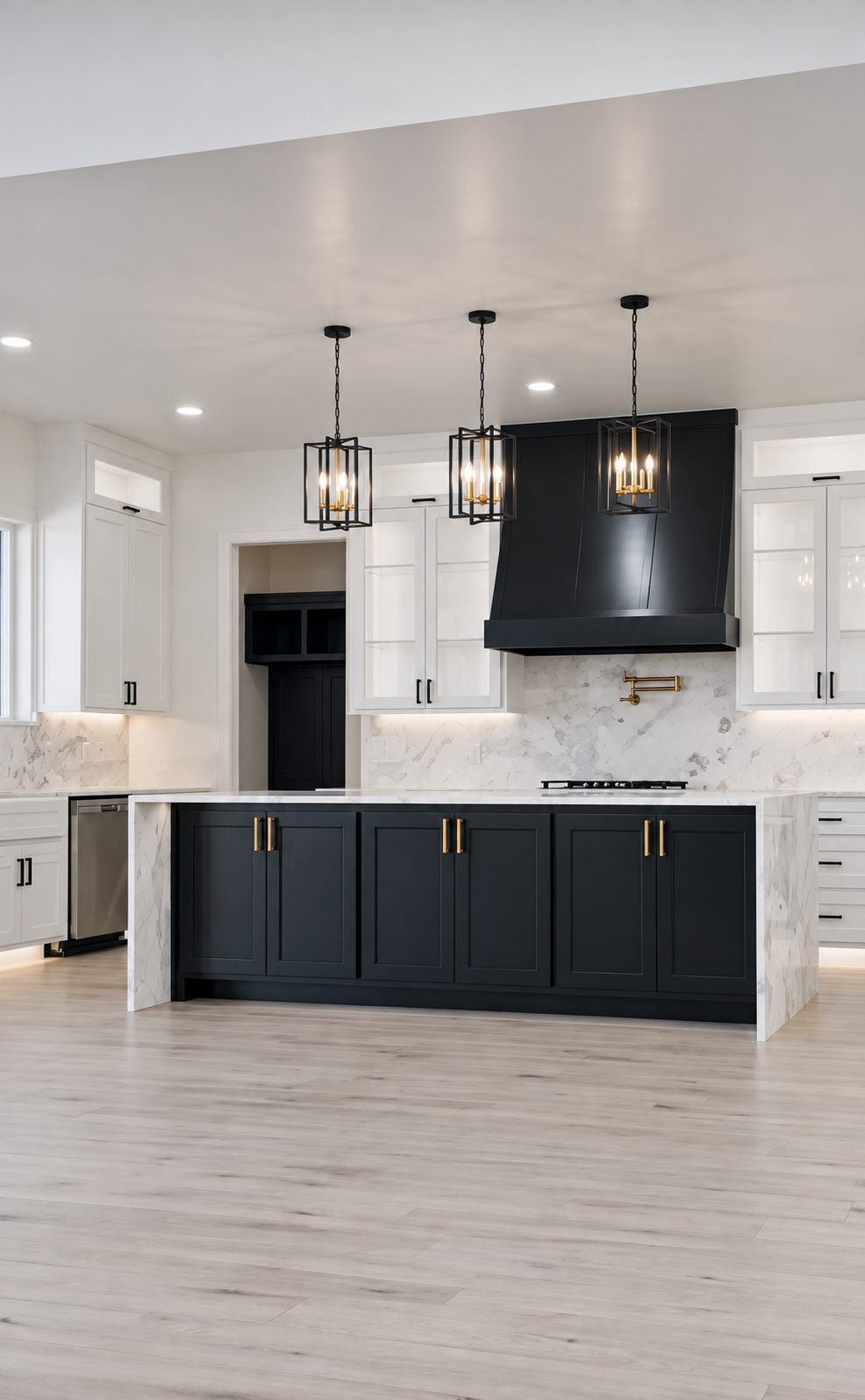 Modern kitchen with black lower cabinets, white upper cabinets, marble backsplash, black range hood, three black pendant lights, light wood flooring, and gold accents.