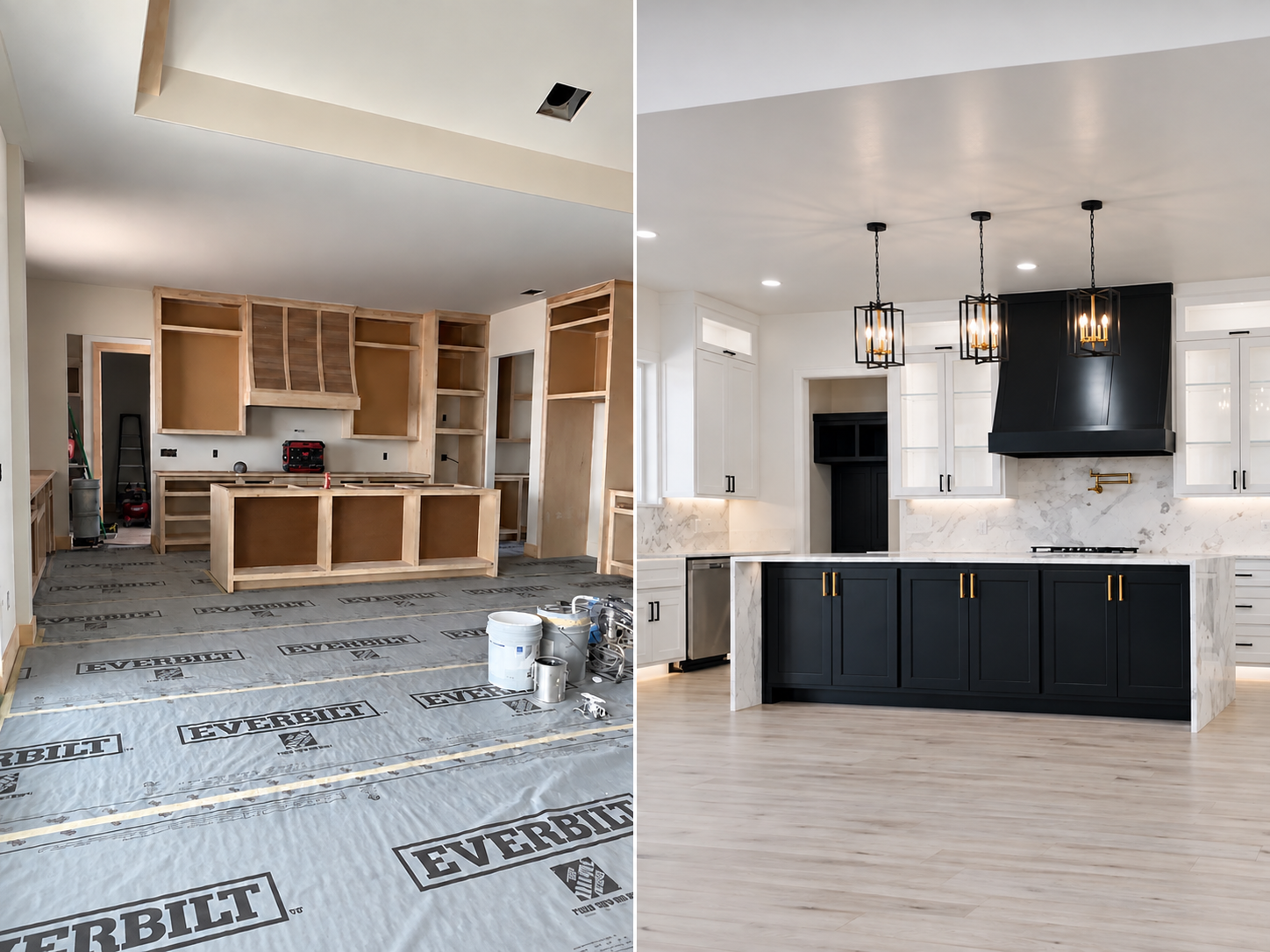 Side-by-side comparison of a kitchen before and after renovation: the left side shows an unfinished space with wooden cabinets under construction, exposed framing, and construction materials on the floor, while the right side displays a finished kitchen with white cabinetry, black lower cabinets, a marble backsplash, modern light fixtures, and light wood flooring.
