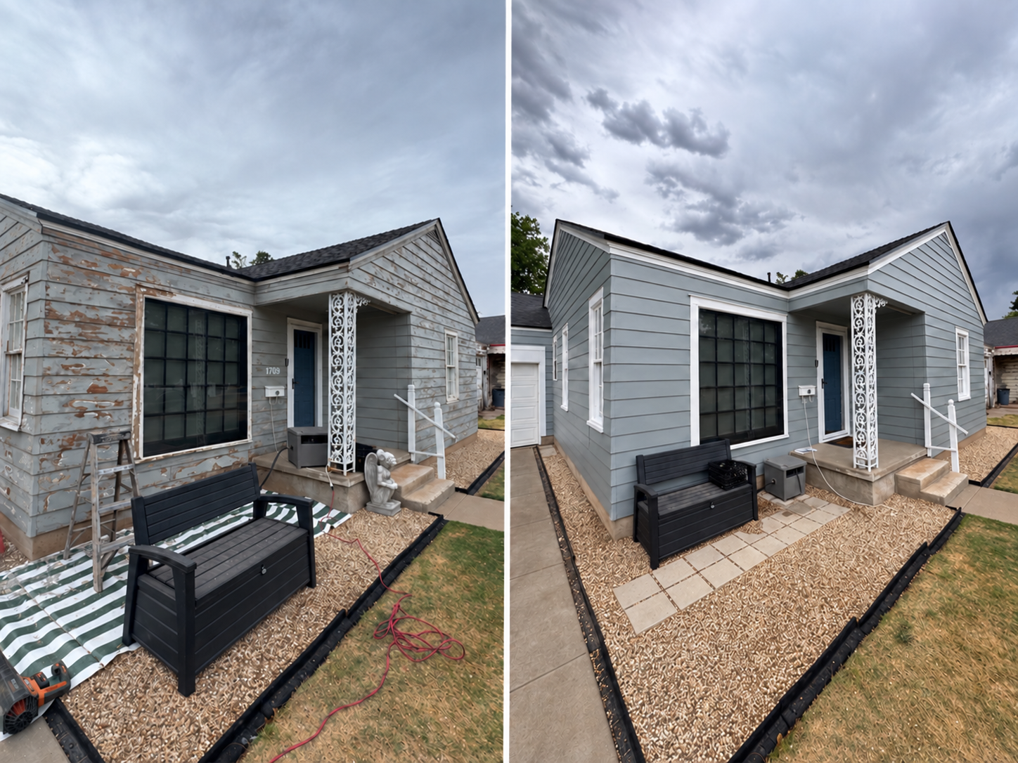 Side-by-side comparison of a house exterior before and after repainting. The left shows peeling and weathered blue siding, while the right shows the same house with fresh, smooth blue paint. The porch area has been cleaned and updated, with better landscaping and decor.