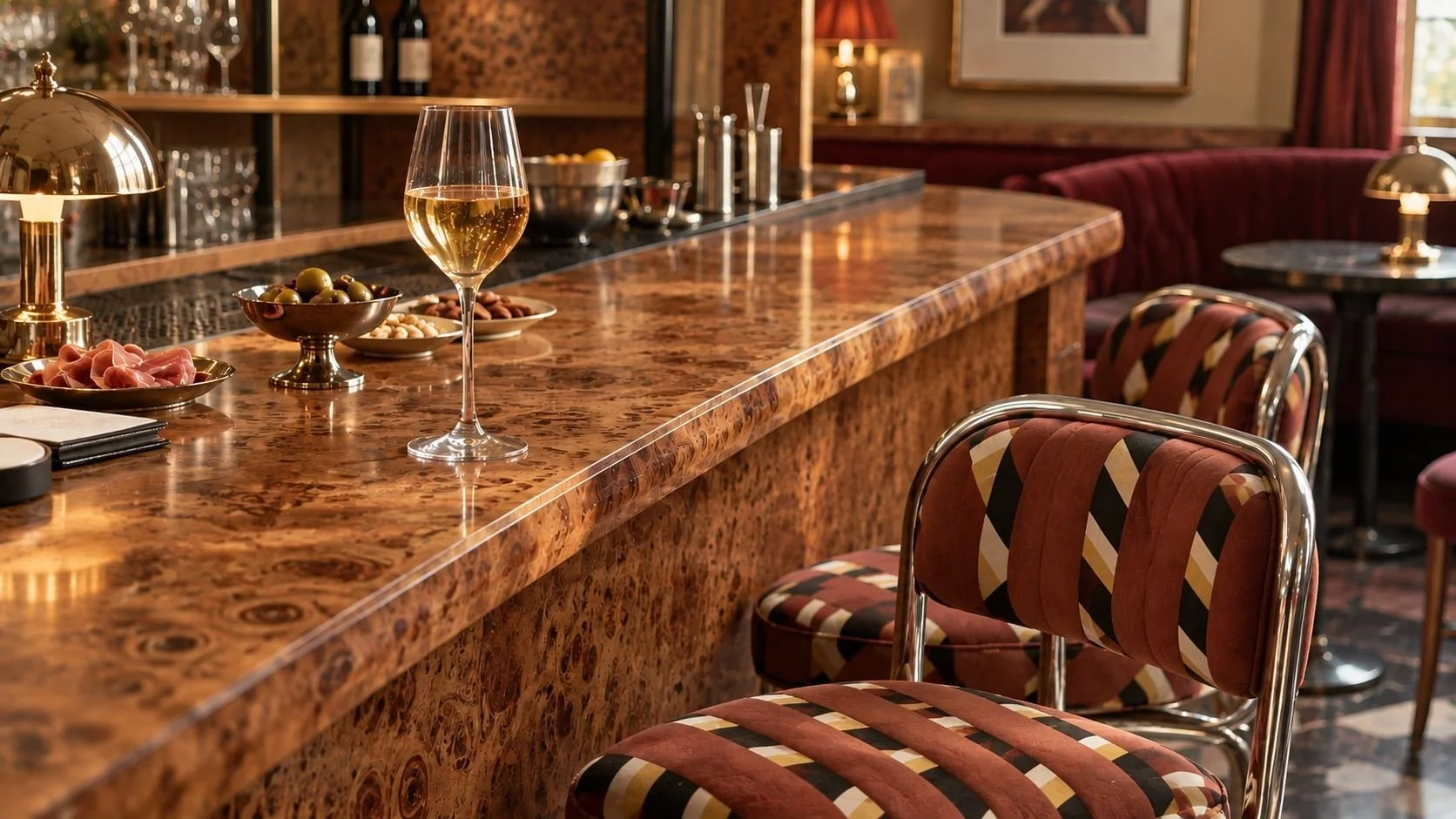 Hospitality interior design concept featuring a warm 70s-inspired bar with patterned seating and burl wood