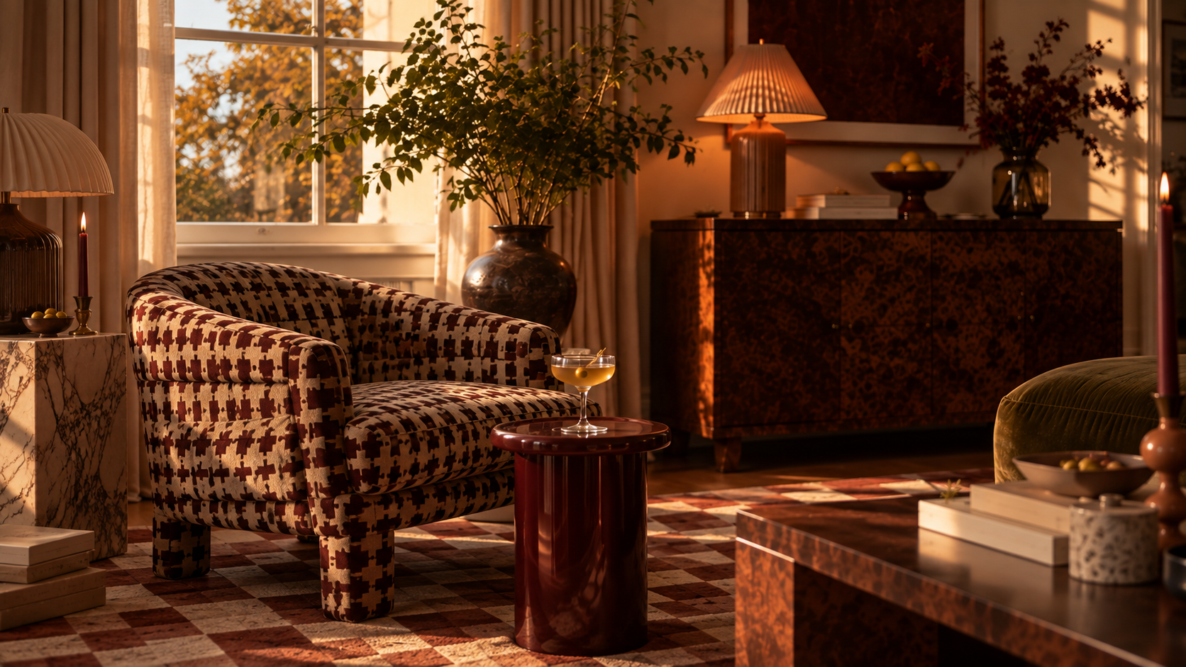 70s-inspired lounge interior design concept with patterned seating, warm wood tones and layered lighting