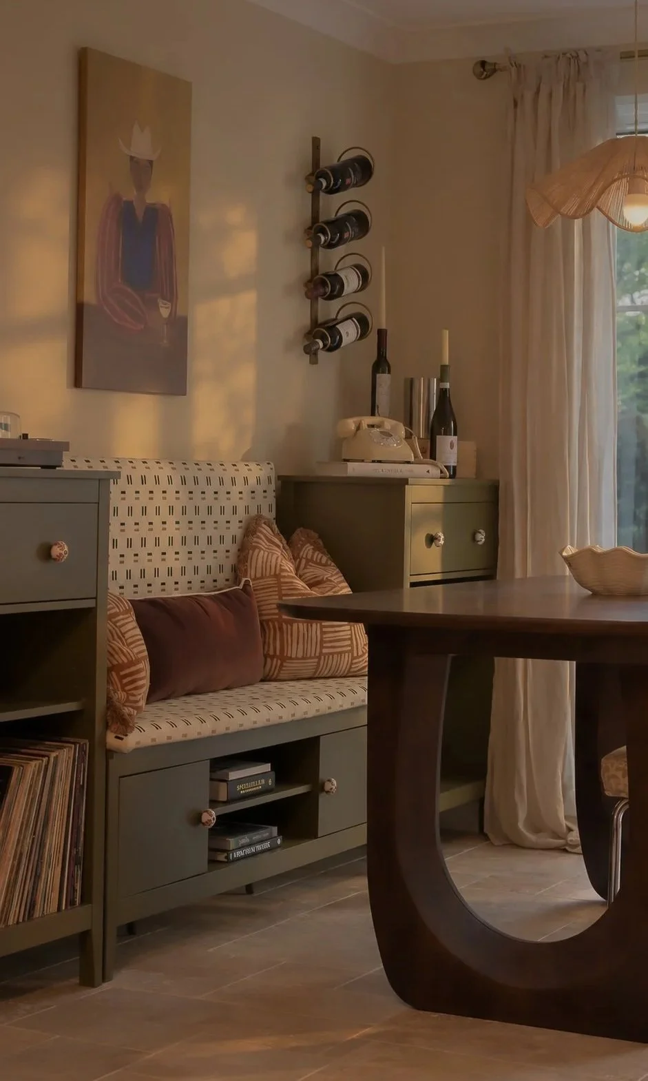 Interior design project in Nantwich, Cheshire, featuring a dining space with bespoke seating and modern retro details