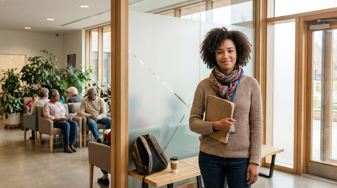 Woman of color with curly hair wearing brown sweater jeans and a colorful scarf around her neck in a therapy office for anxiety, stress, guilt, burnout, with a notebook in hand.