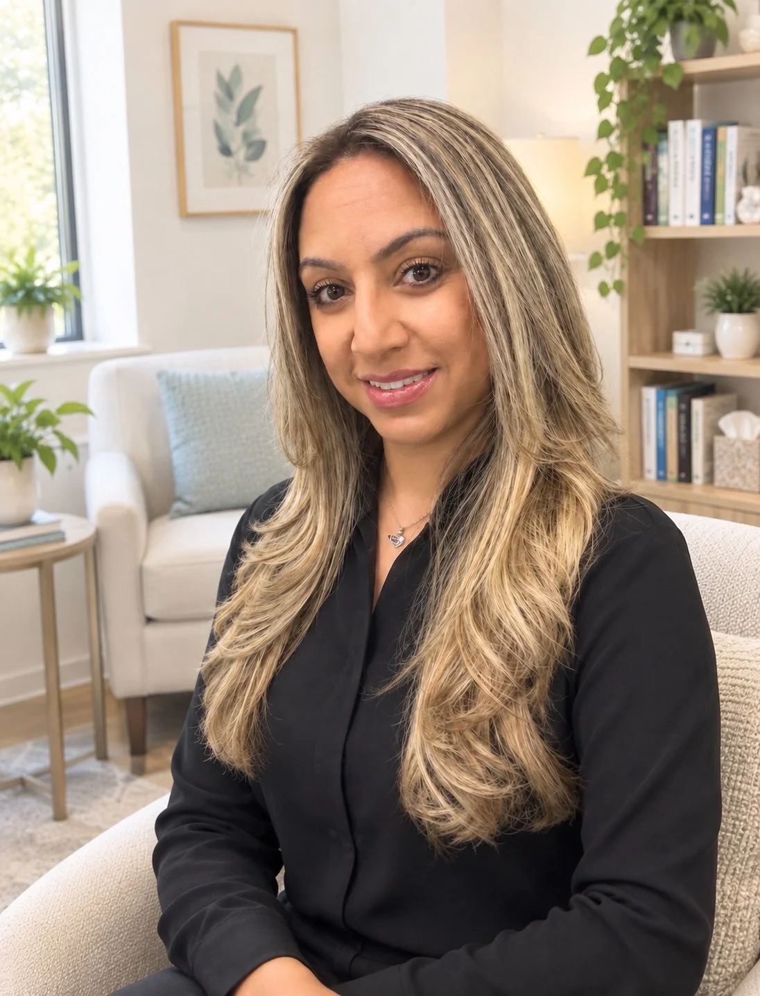 A woman person of color with long blonde hair wearing a black top, sitting in a living room with a white couch, potted plants, and a bookshelf. Therapist for women with anxiety, postpartum mothers, struggling mothers, stress, guilt and irritability.