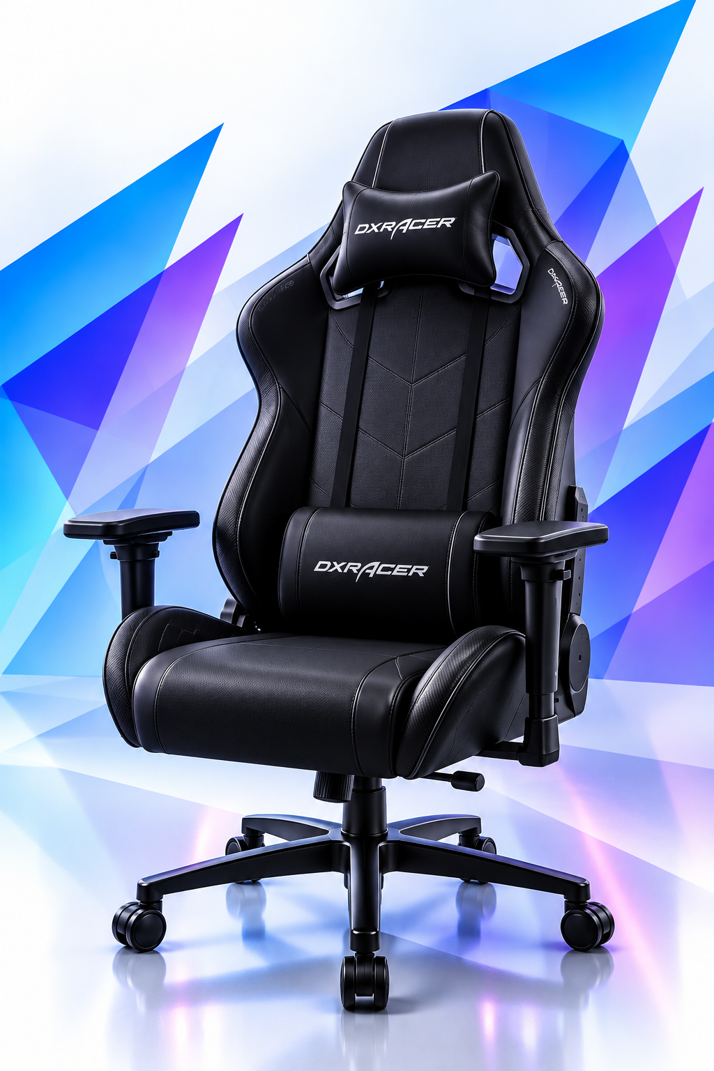 Black DXRacer gaming chair with a high backrest, adjustable armrests, and a headrest pillow, set against a colorful, geometric background.