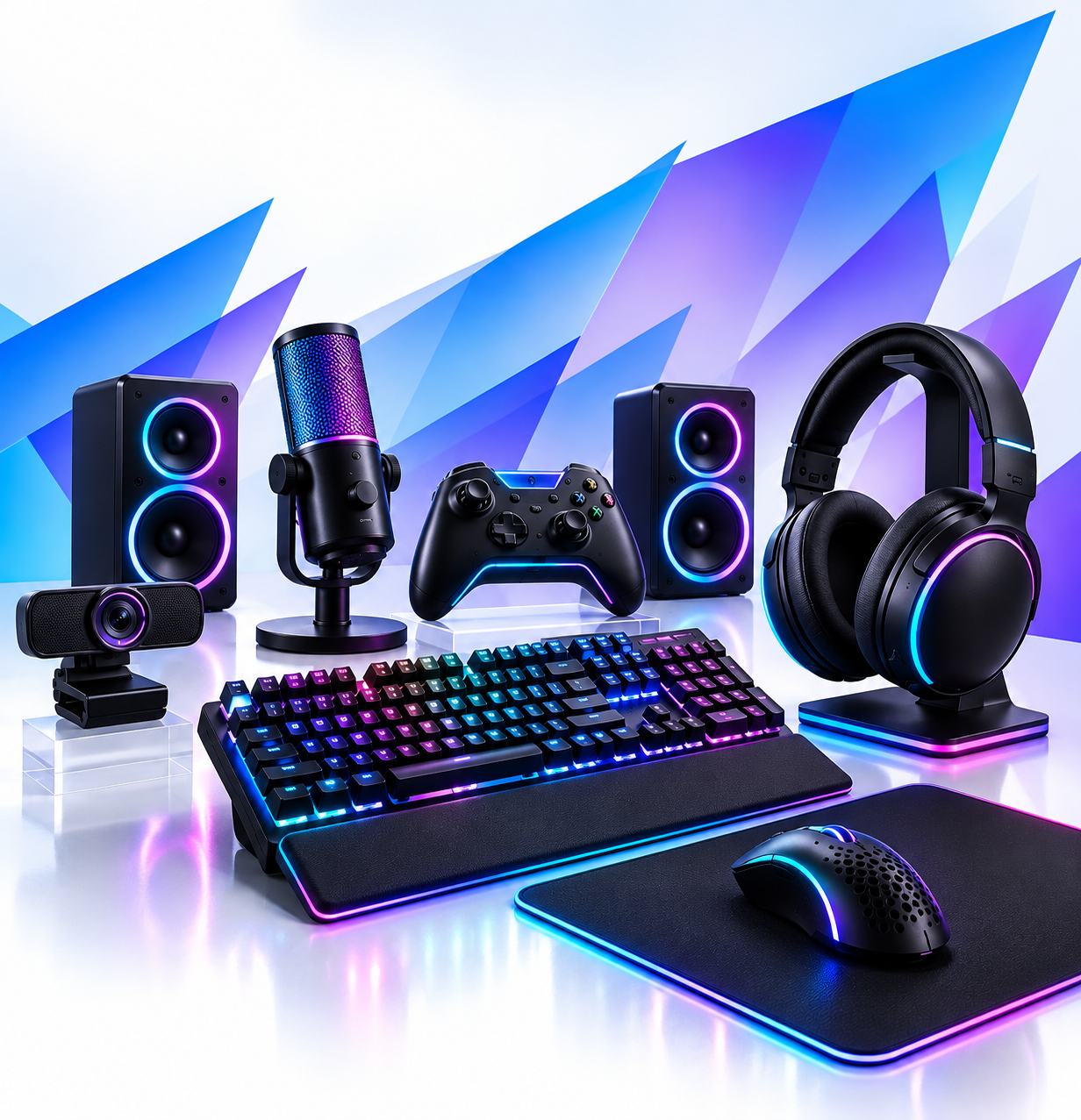 Gaming and streaming equipment including a mechanical keyboard with RGB lighting, a gaming mouse on a mouse pad, paired speakers with RGB accents, a gaming controller, a microphone with RGB lighting, a webcam, large black headphones with RGB accents, and a soundbar, set against a geometric purple and blue background.