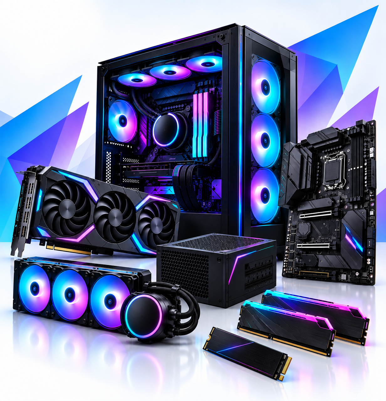 A gaming computer setup with a large tower case containing RGB cooling fans and components, a graphics card, liquid cooling system with RGB pump and radiator, an RGB motherboard, and RAM sticks, all displayed against a vibrant, geometric background.