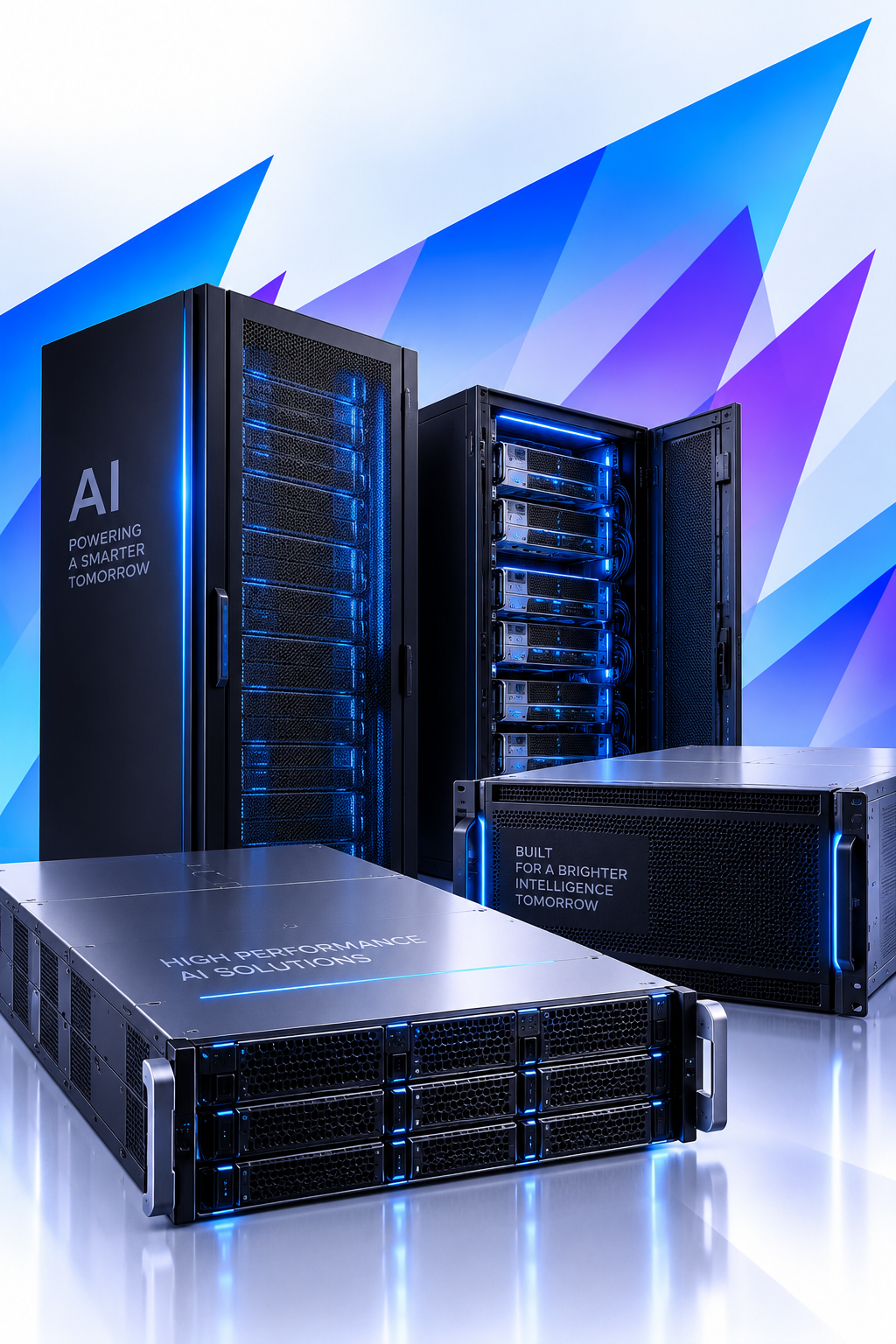 Data servers and high-performance AI hardware with blue LED lighting, set against a futuristic geometric background, with text reading, 'AI powering a smarter tomorrow', 'built for a brighter intelligence tomorrow', and 'high performance AI solutions'.