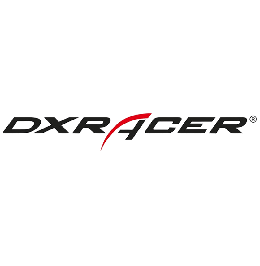 DXRacer logo with black background and red accent