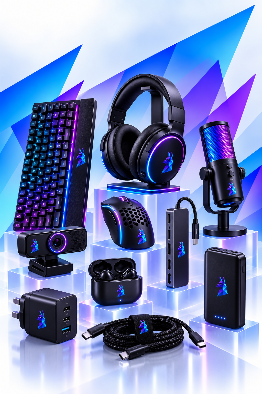 Collection of gaming accessories including a keyboard, headset, microphone, webcam, mouse, earbud case, power strip, portable charger, USB cable, and external hard drive, all with matching blue and purple lighting and branding.