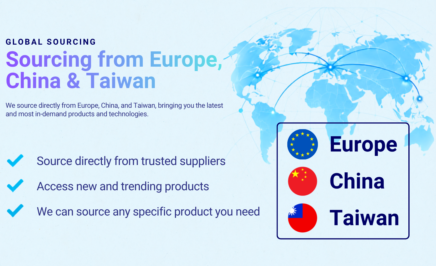 Image promoting global sourcing from Europe, China, and Taiwan. Features a world map with connected points, flags of Europe, China, and Taiwan with labels, and bullet points highlighting trusted suppliers, access to trendy products, and sourcing flexibility.