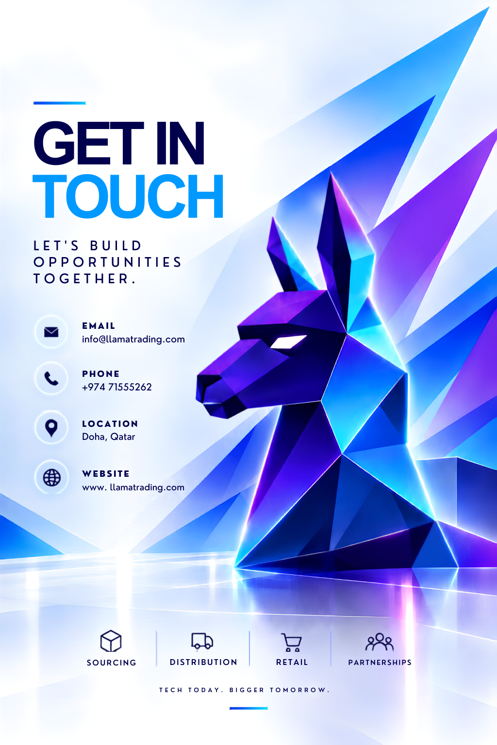 A colorful, geometric illustration of a rabbit on a modern, abstract background promoting a business contact information and services in technology, sourcing, distribution, retail, and partnerships.