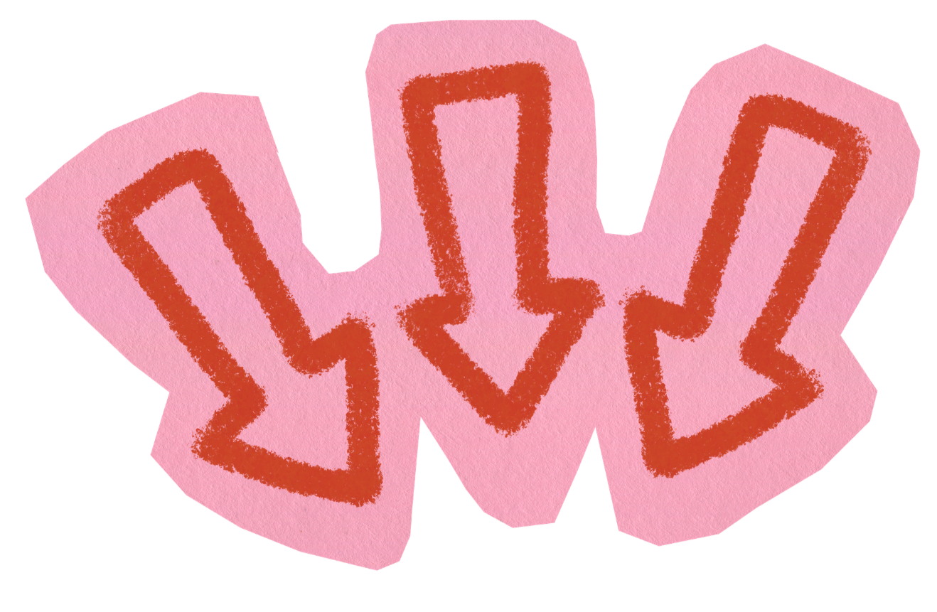 Tre cuori rosa con contorni rossi disegnati su cartoncino rosa.