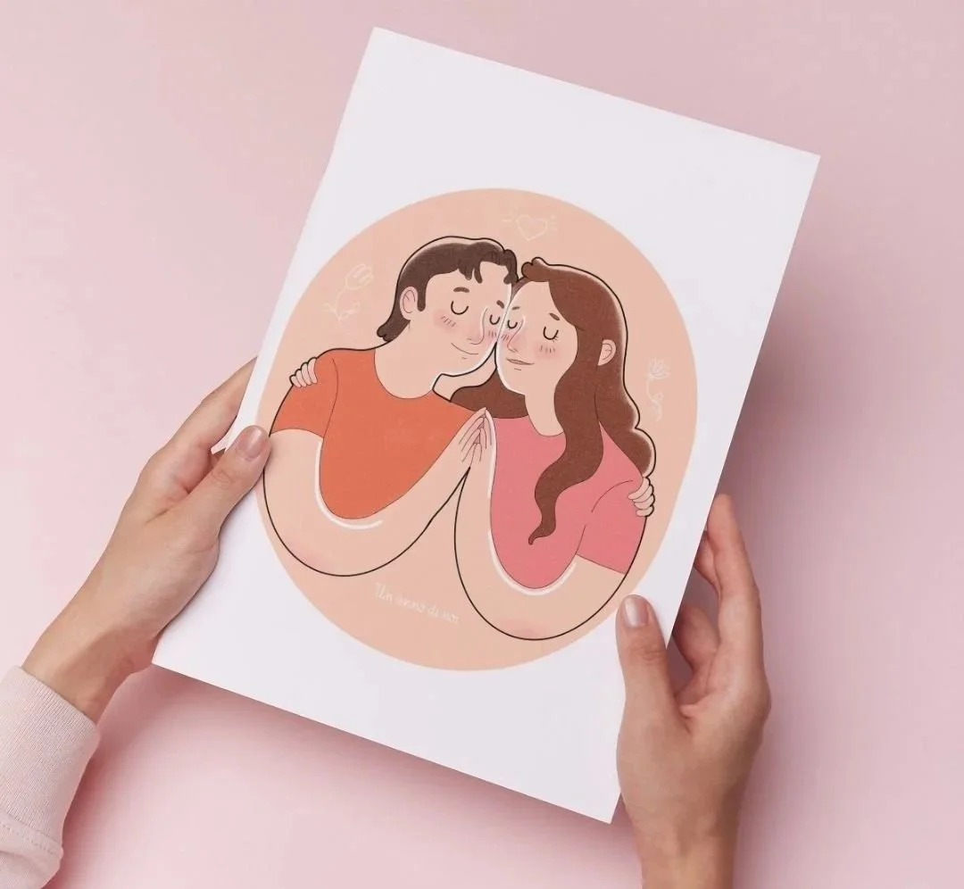 Illustrazione di un uomo e una donna che si tengono per mano e si sfiorano con i volti, esprimendo affetto e intimità.