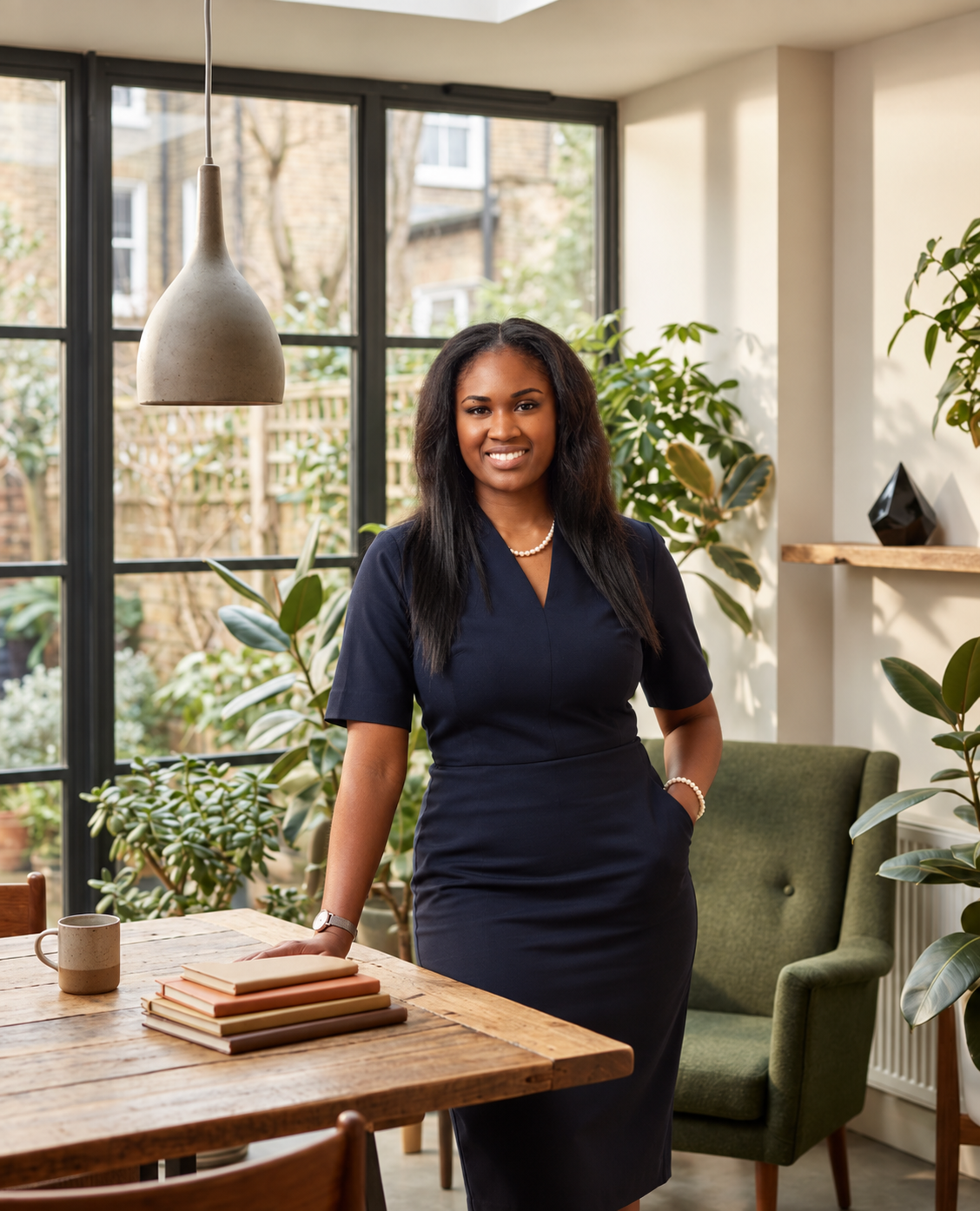 A woman in a navy blue dress with a pearl necklace and watch stands in a well-lit room with large windows, a wooden table with books and a mug, and green plants.