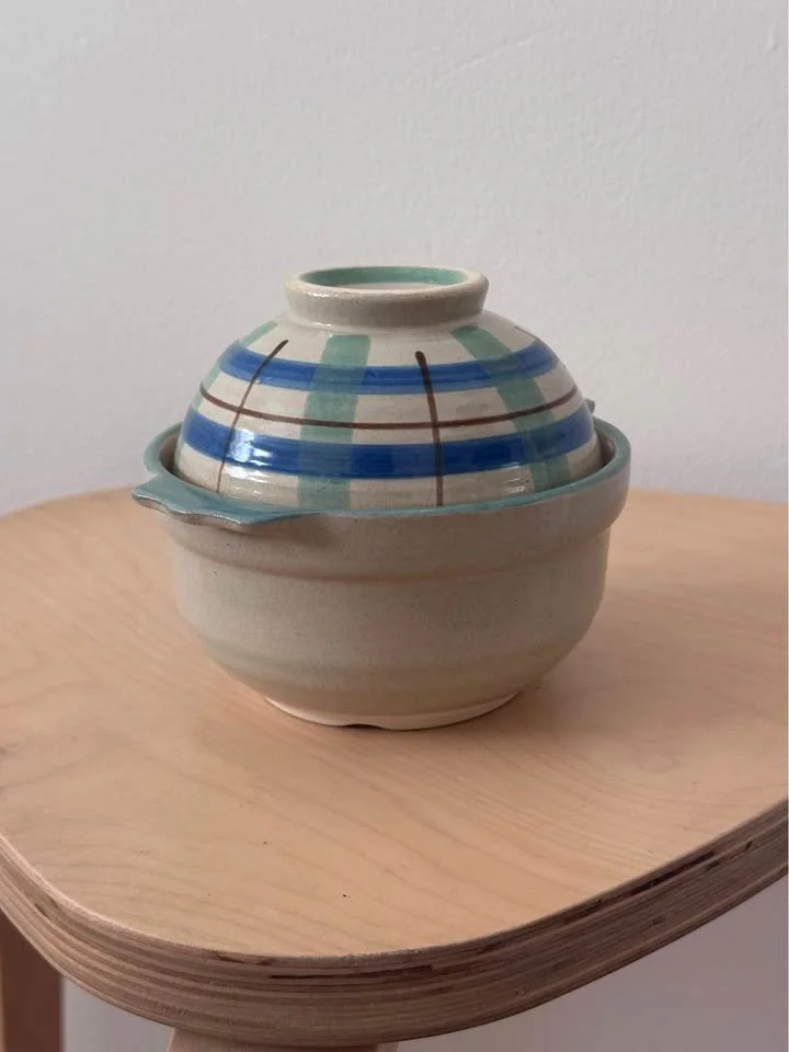 Vintage Handmade Pottery Lidded Bowl - Blue Plaid Stoneware