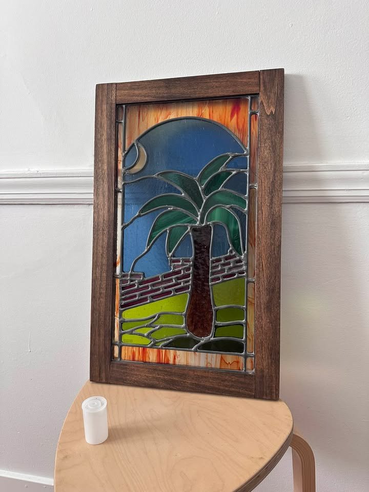 Handmade Stained Glass Palm Tree Panel — Wood Framed