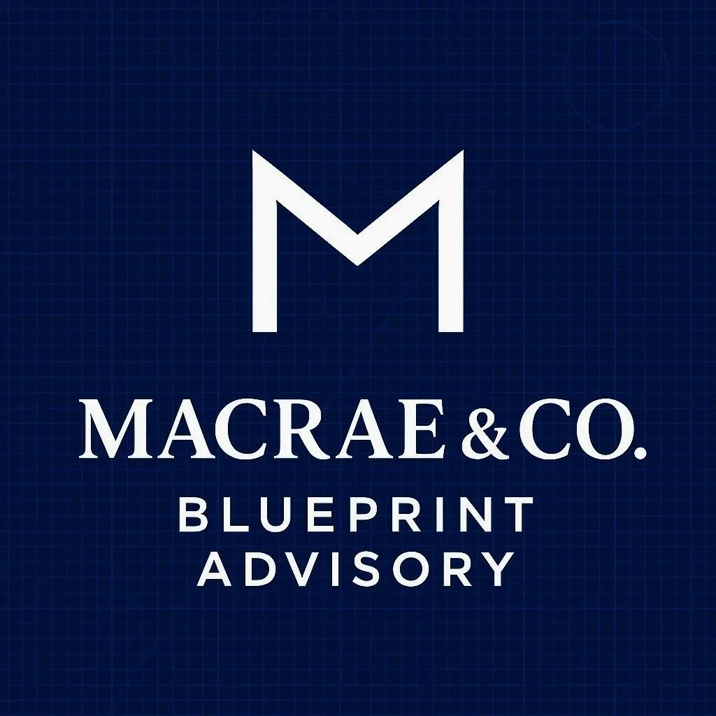 Blue blueprint background with large white letter 'M' and the text 'MACRAE & CO. BLUEPRINT ADVISORY'