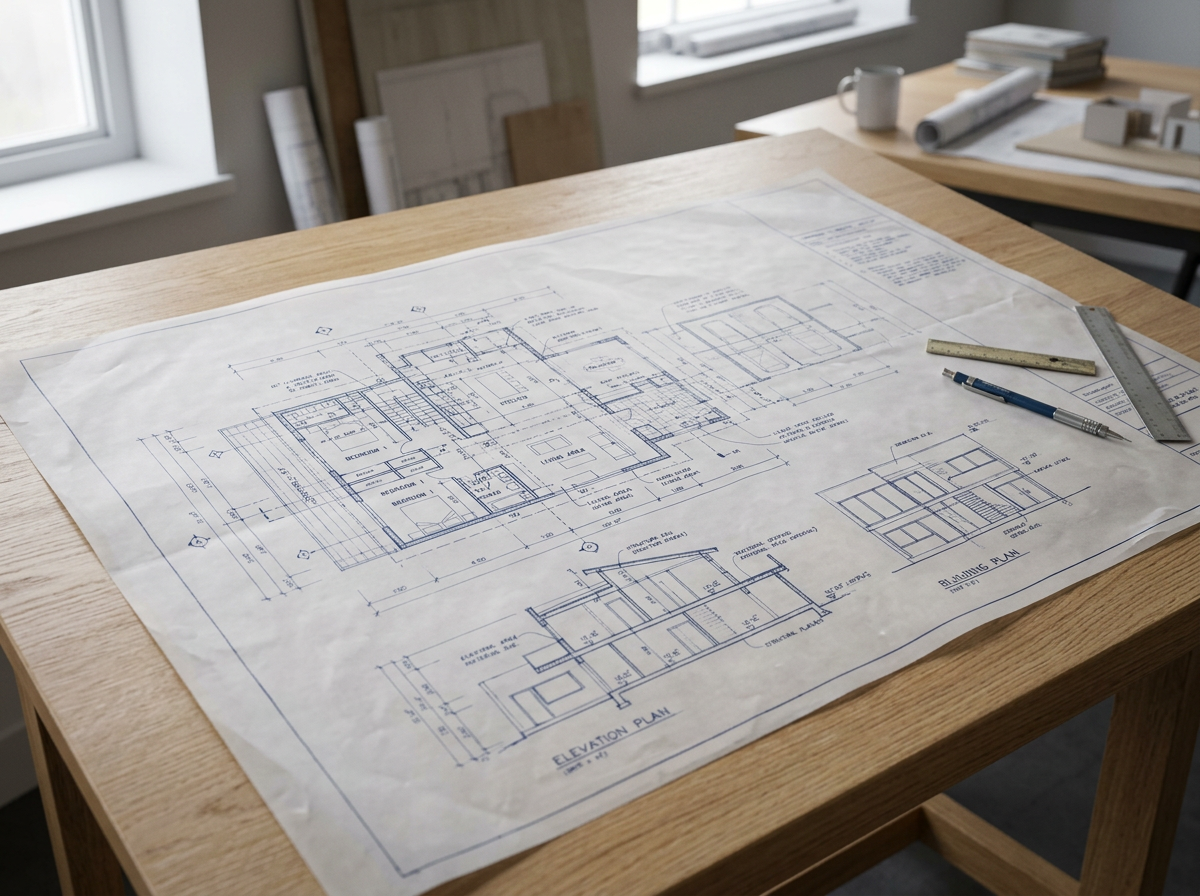 Blueprints of a house with architectural drawings, measurements, and notes on a wooden table, alongside rulers and a pen, in a well-lit room.