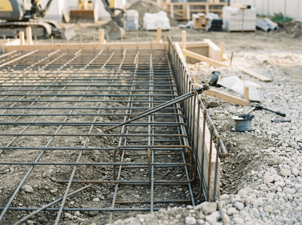 Construction site with steel reinforcement bars (rebar) laid out on the ground for a concrete slab, with wooden forms and construction tools in the background.