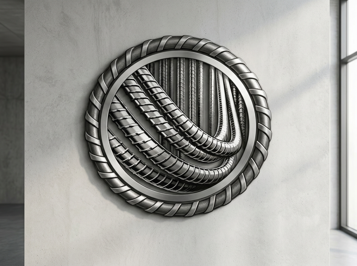 Decorative metal sculpture resembling a coiled circular industrial component mounted on a plain wall next to a window.