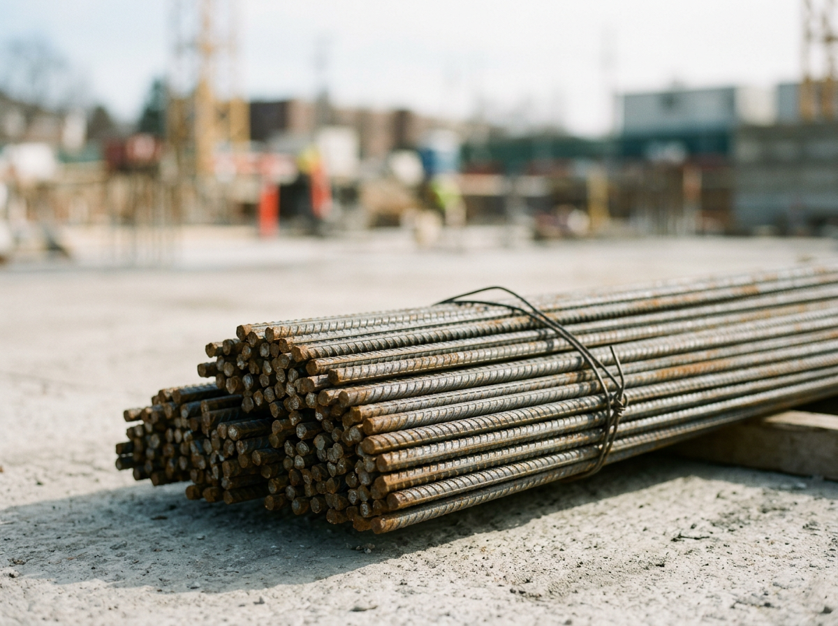 Steel rebar bundles at a construction site on dirt ground with blurred background of construction activity