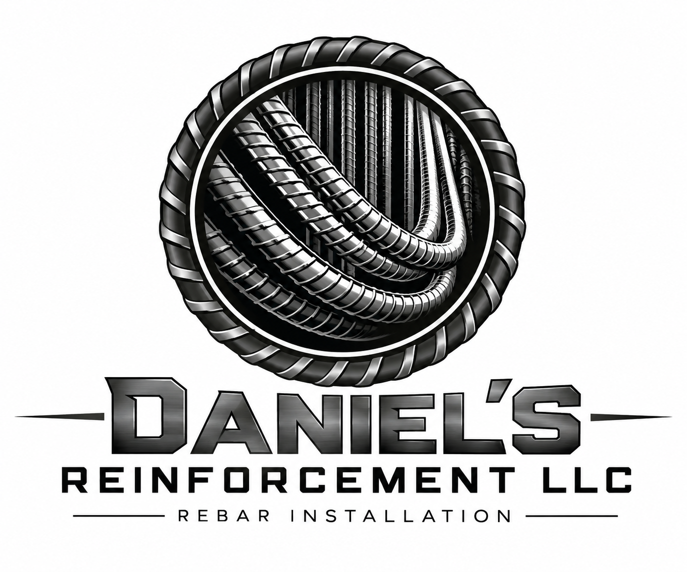 Logo for Daniel's Reinforcement LLC featuring a 3D black and silver coiled rebar within a circular border and the company name beneath, along with the tagline 'Rebar Installation'.