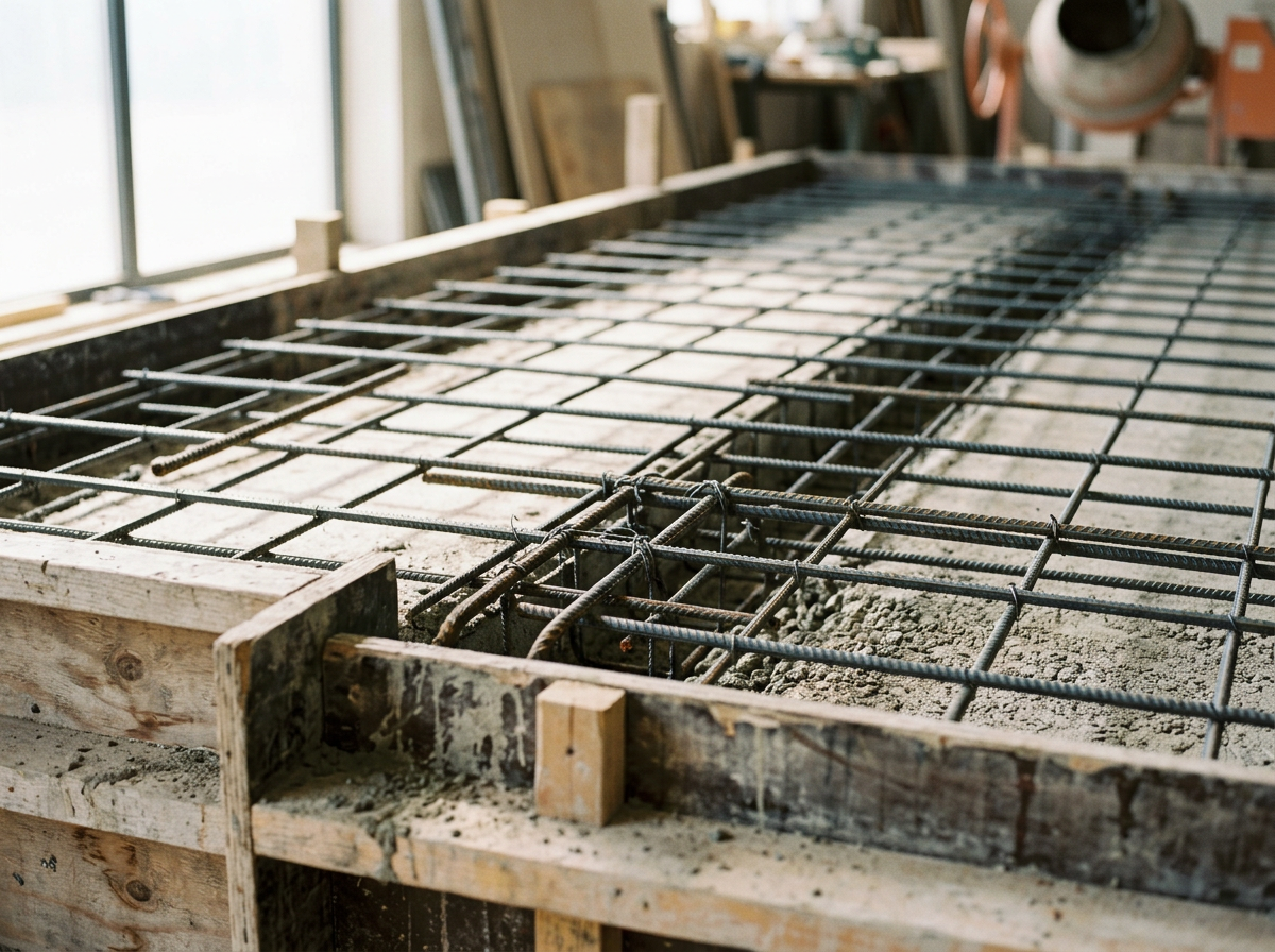 Construction site with rebar framework for concrete pouring, indoors with tools and materials in the background.