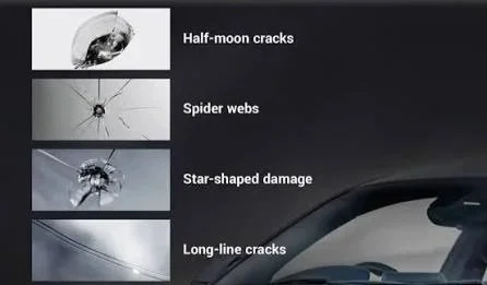 Diagram of car windshield showing different types of cracks: half-moon cracks, spider web cracks, star-shaped damage, and long-line cracks.