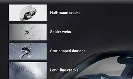 List of types of car damage, including half-moon cracks, spider webs, star-shaped damage, and long-line cracks.