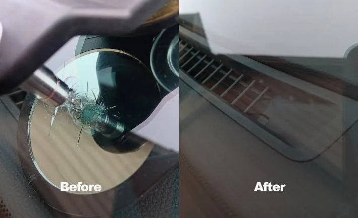 Side-by-side comparison of a car dashboard with a cracked fingerprint scanner before and after cleaning, showing the removal of scratches and smudges.