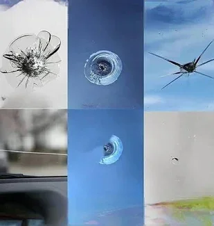 A collage of six images showing different types of impact marks and damage, including shattered glass, a water droplet splash, a swirl in water, a small hole, and cracks, with varying backgrounds.