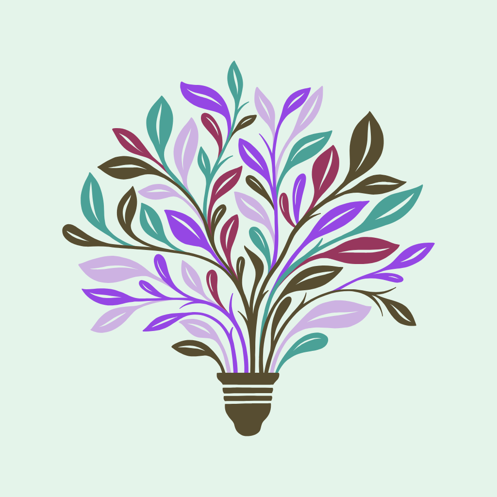 An illustration of a light bulb with colorful leaves emerging from it on a light background.