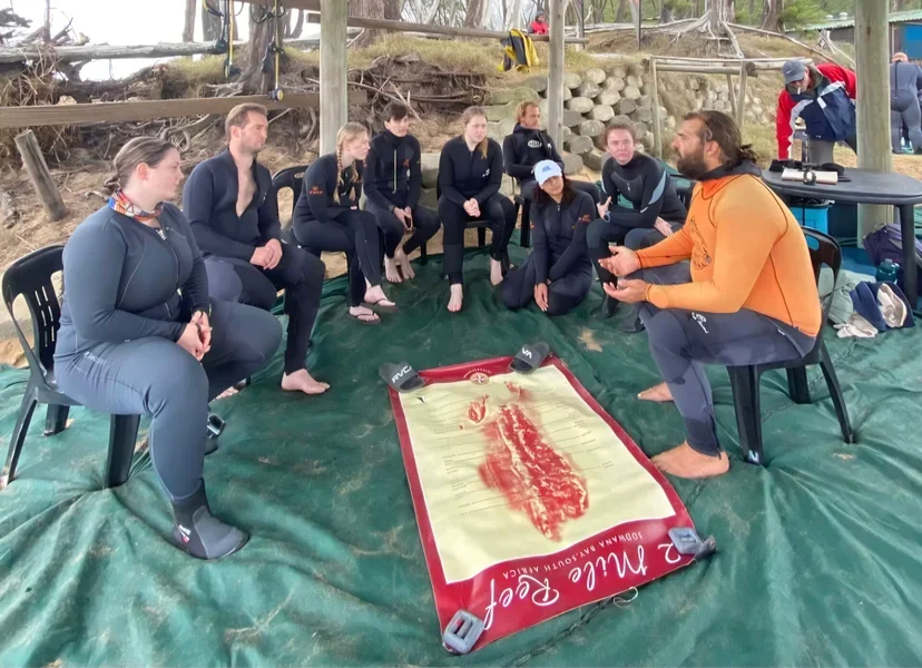 A group of women and a man sitting on chairs in a semi-circle outdoors, listening to the man who appears to be instructing. They are on a green tarp with a red and beige mat in the center, possibly for training or discussion. The setting looks like a rustic outdoor area with trees and wooden structures.