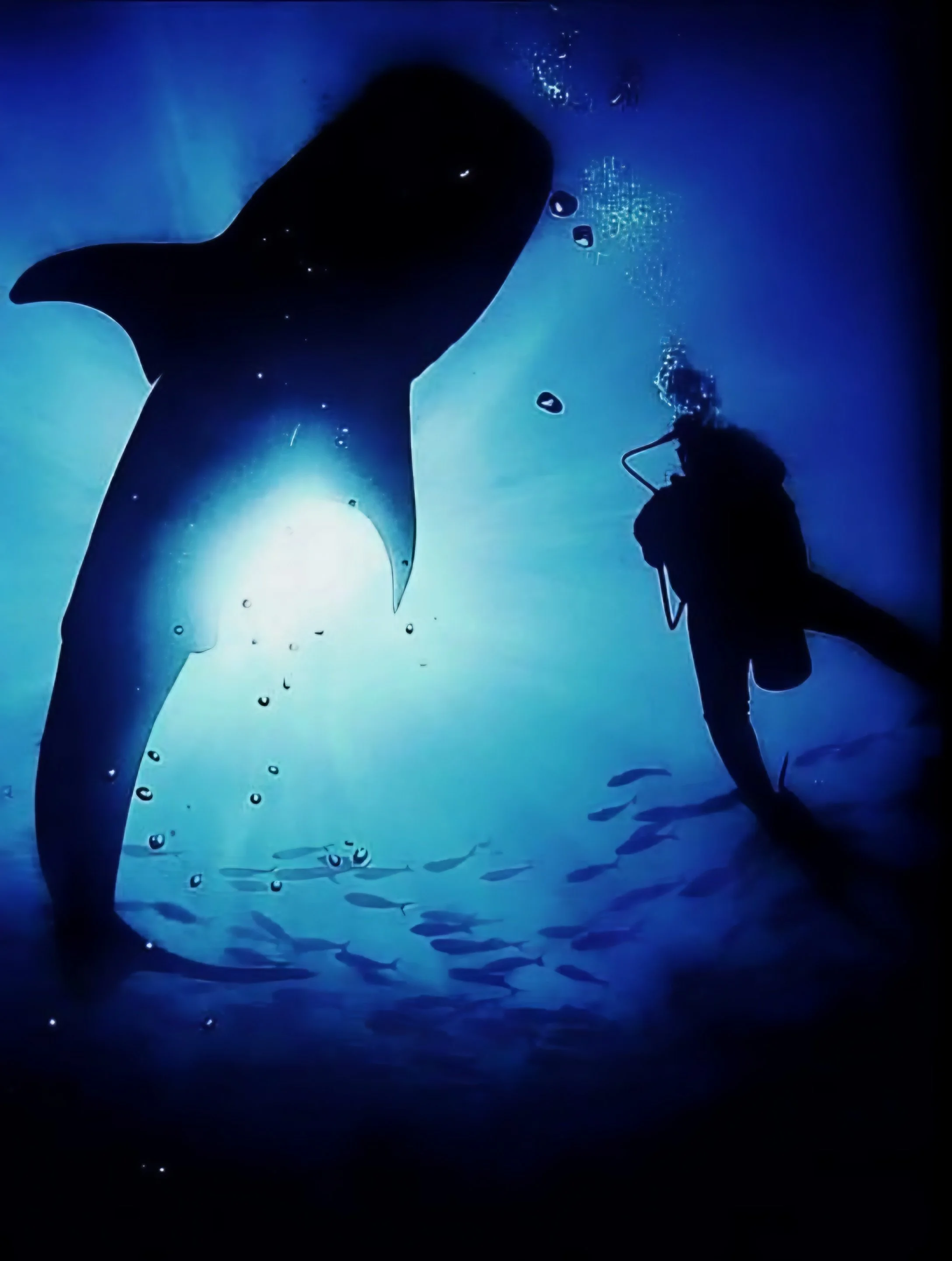 A silhouette of a whale, seen from below, with water droplets on its body, swimming near a person scuba diving underwater, with bubbles rising to the surface and sunlight filtering through the water creating a blue glow.