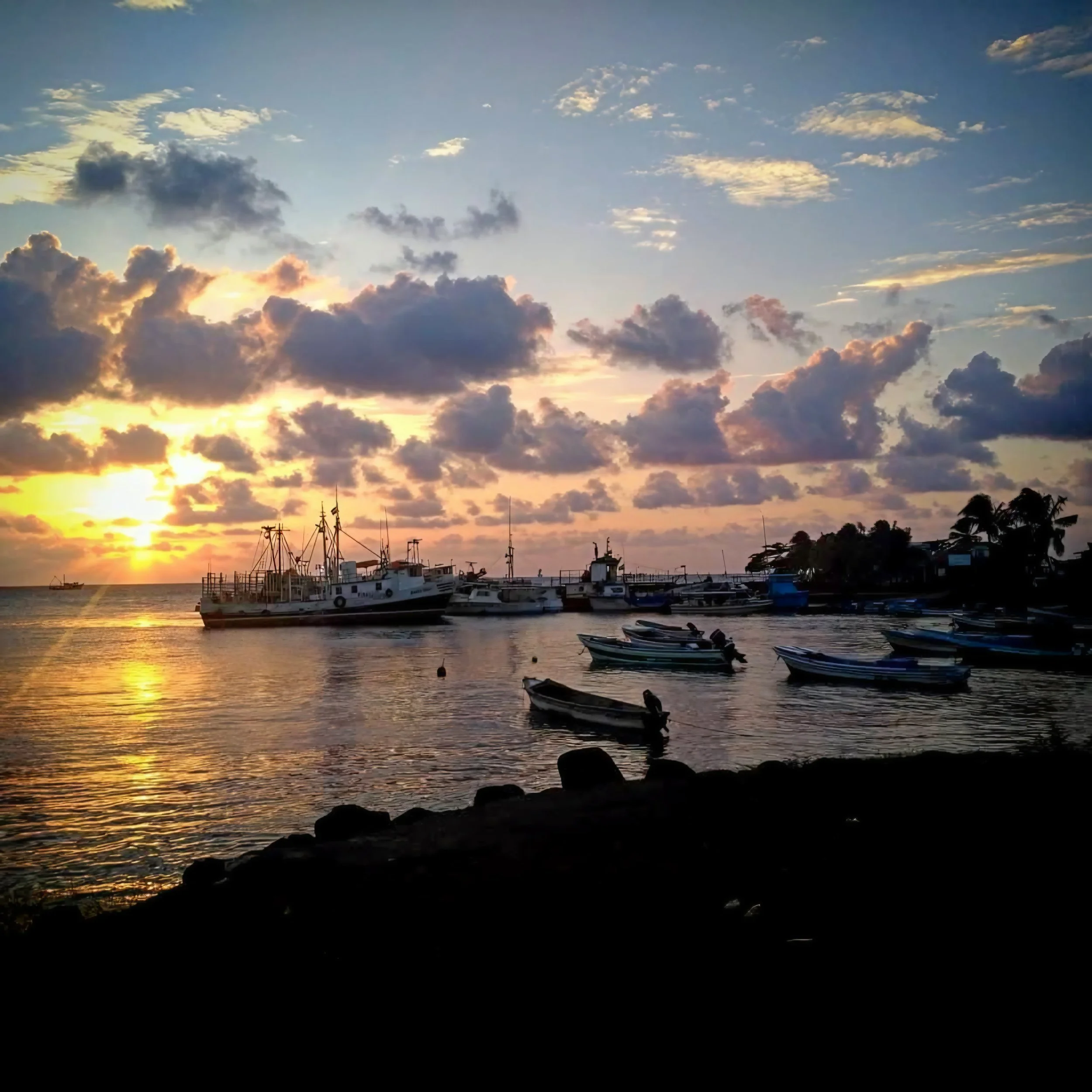 Sunset over a harbor with boats anchored near the shore, silhouetted trees, and a partly cloudy sky with warm golden and blue hues reflected on the water.