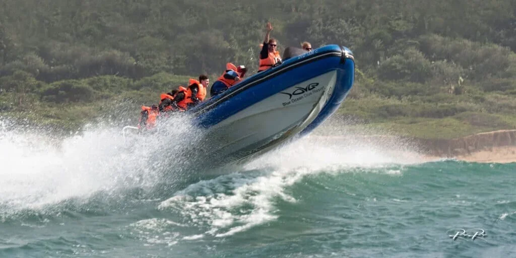 A speedboat with five passengers, all wearing orange life jackets, is creating a large splash as it speeds over the water near a green coastline.