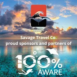 Sunset over ocean with clouds, logo of Savage Travel Co., and text indicating sponsorship and 100% awareness of ocean conservation