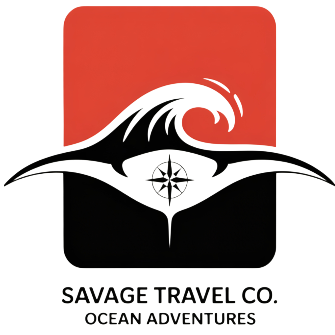 Logo for Savage Travel Co, featuring a stylized black and white wave and a compass in the center, on a red background with the text 'Savage Travel Co. Ocean Adventures' below.