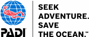 PADI logo with a globe and diving emblem, alongside the text 'Seek Adventure. Save the Ocean.'