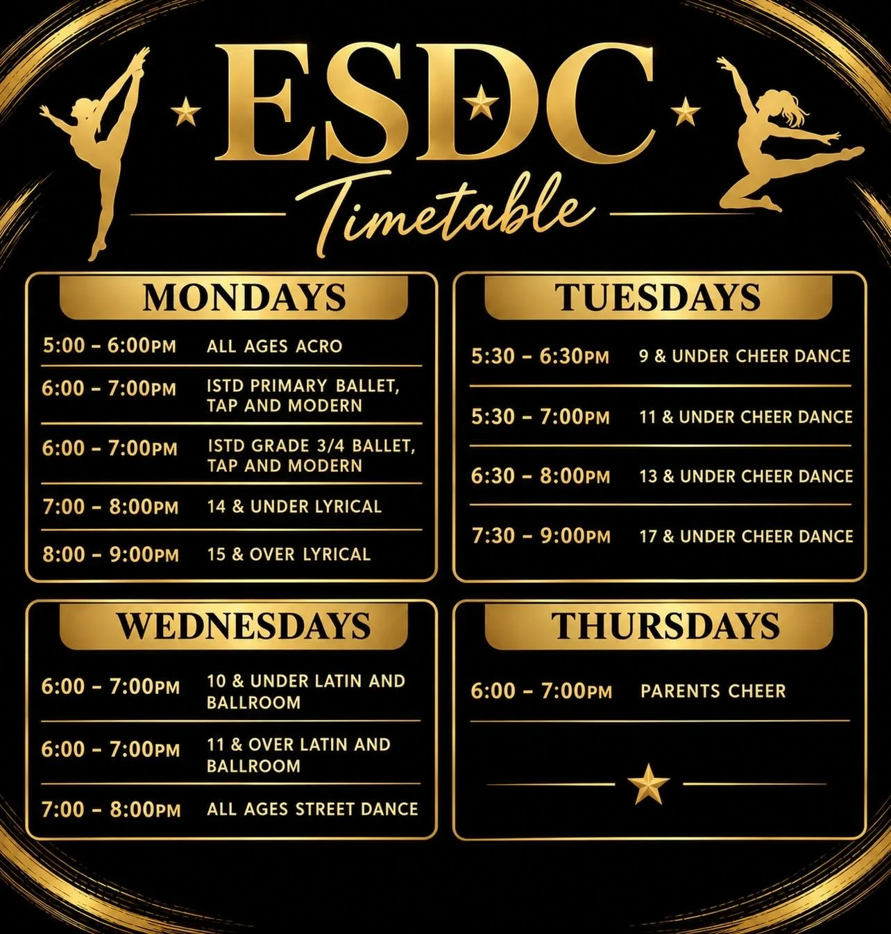 ✨ ESDC TIMETABLE ✨

Our updated timetable is here! 🖤💛
From ballet, tap &amp; modern to lyrical, cheer, street dance, acro and ballroom &mdash; there&rsquo;s something for everyone! 🩰✨

📅 Monday&ndash;Thursday
👯 Classes for all ages &amp; abiliti