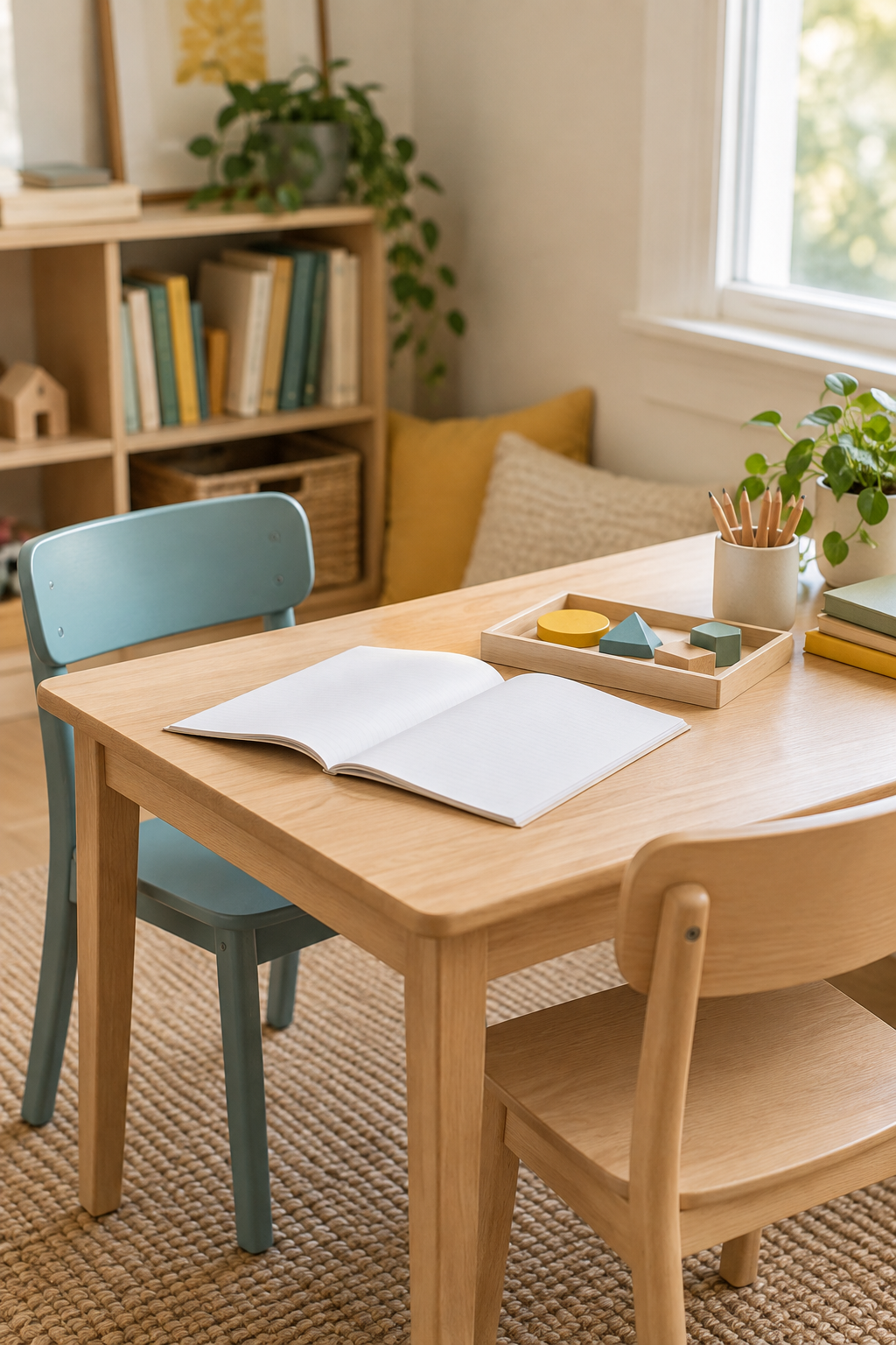 Two chairs at a learning table with an open workbook and wooden learning pieces