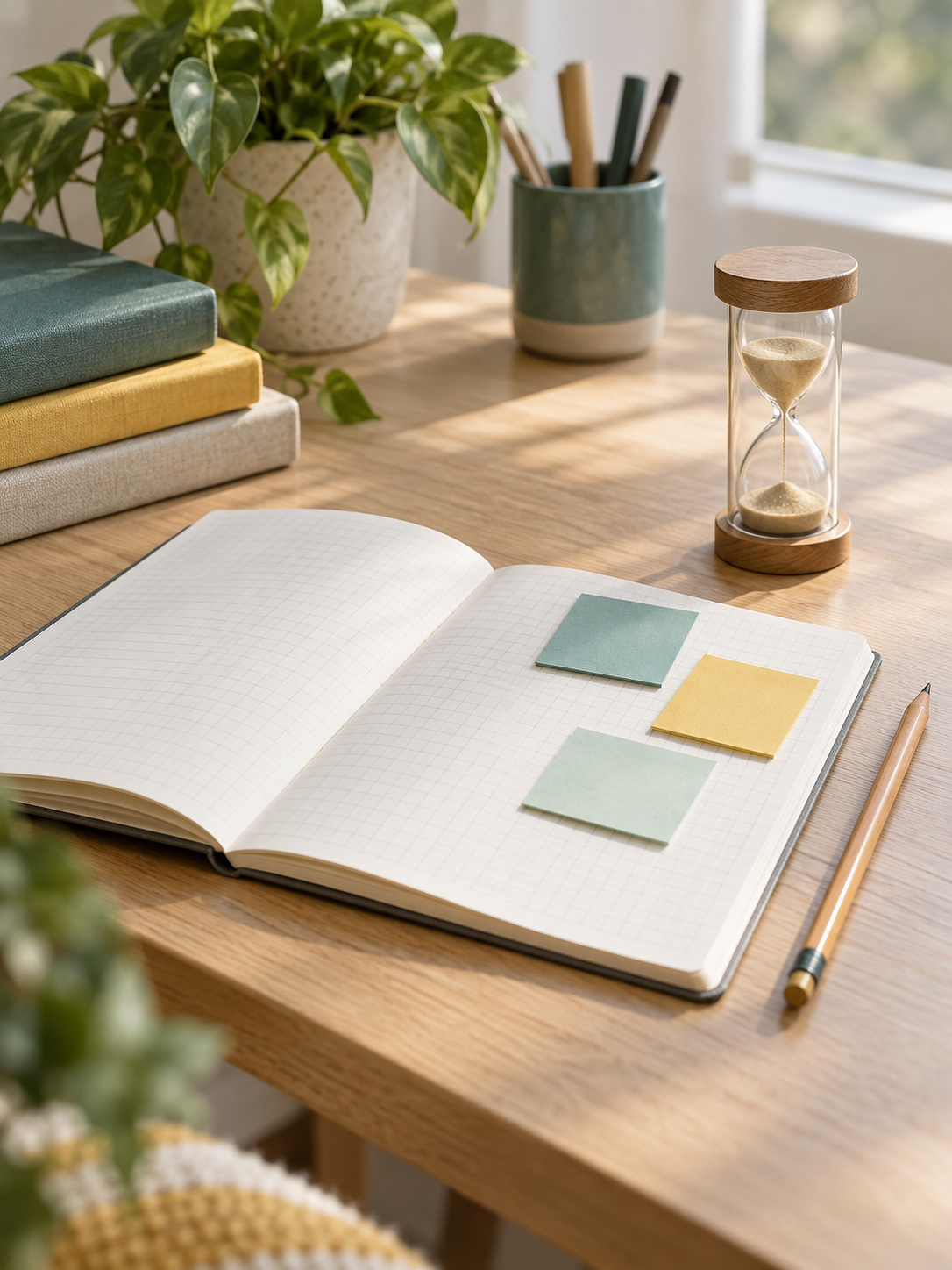 Open notebook, teal and yellow notes, and a sand timer on a learning desk