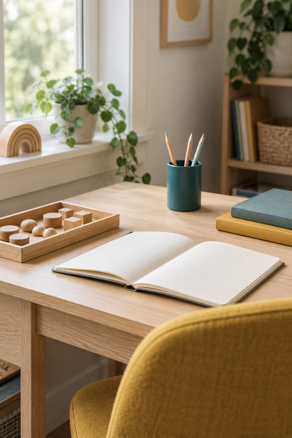 Learning desk with an open notebook, wooden counting pieces, and teal and yellow books