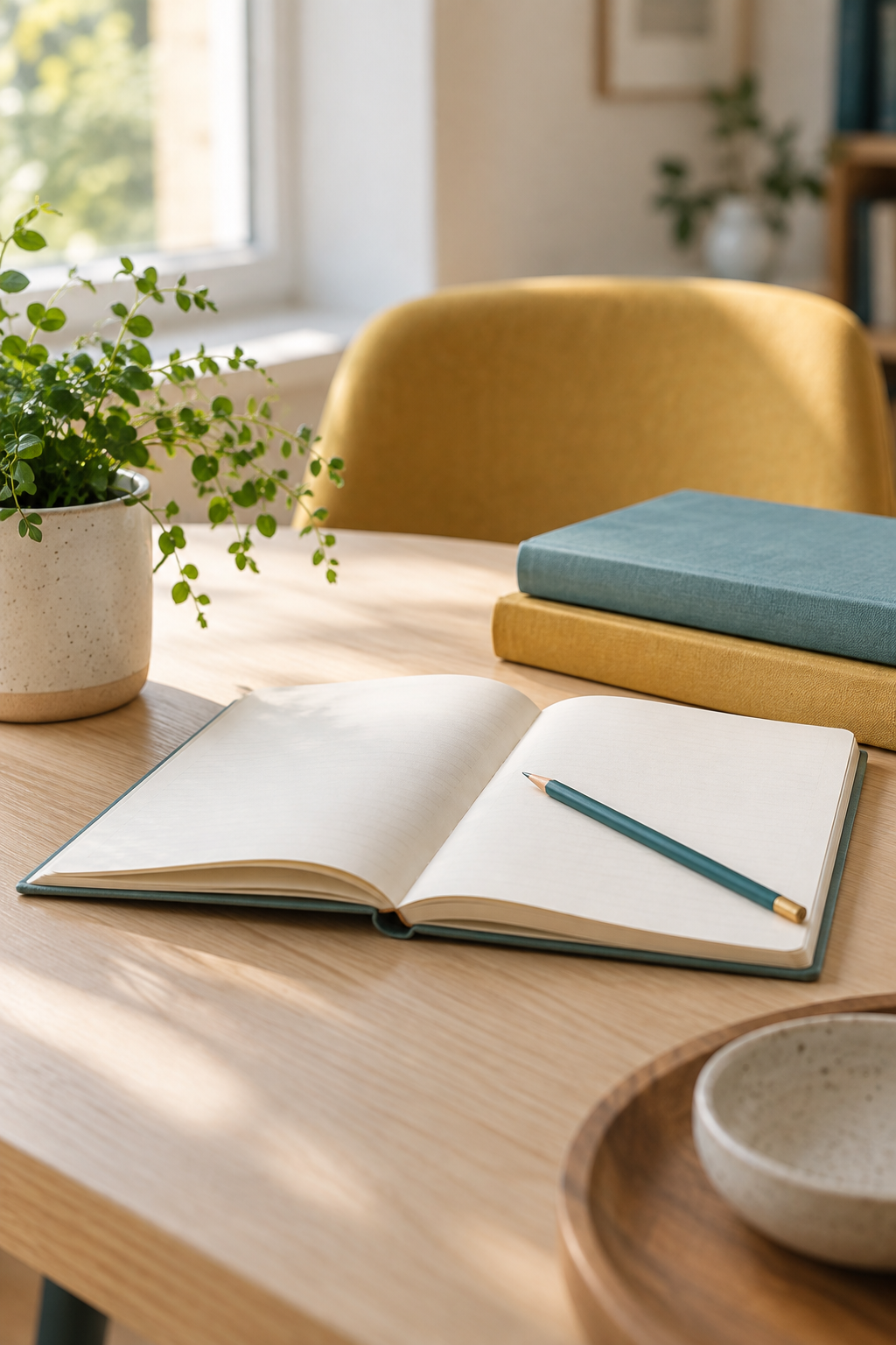 Open notebook and teal pencil on a welcoming learning desk beside books and a plant
