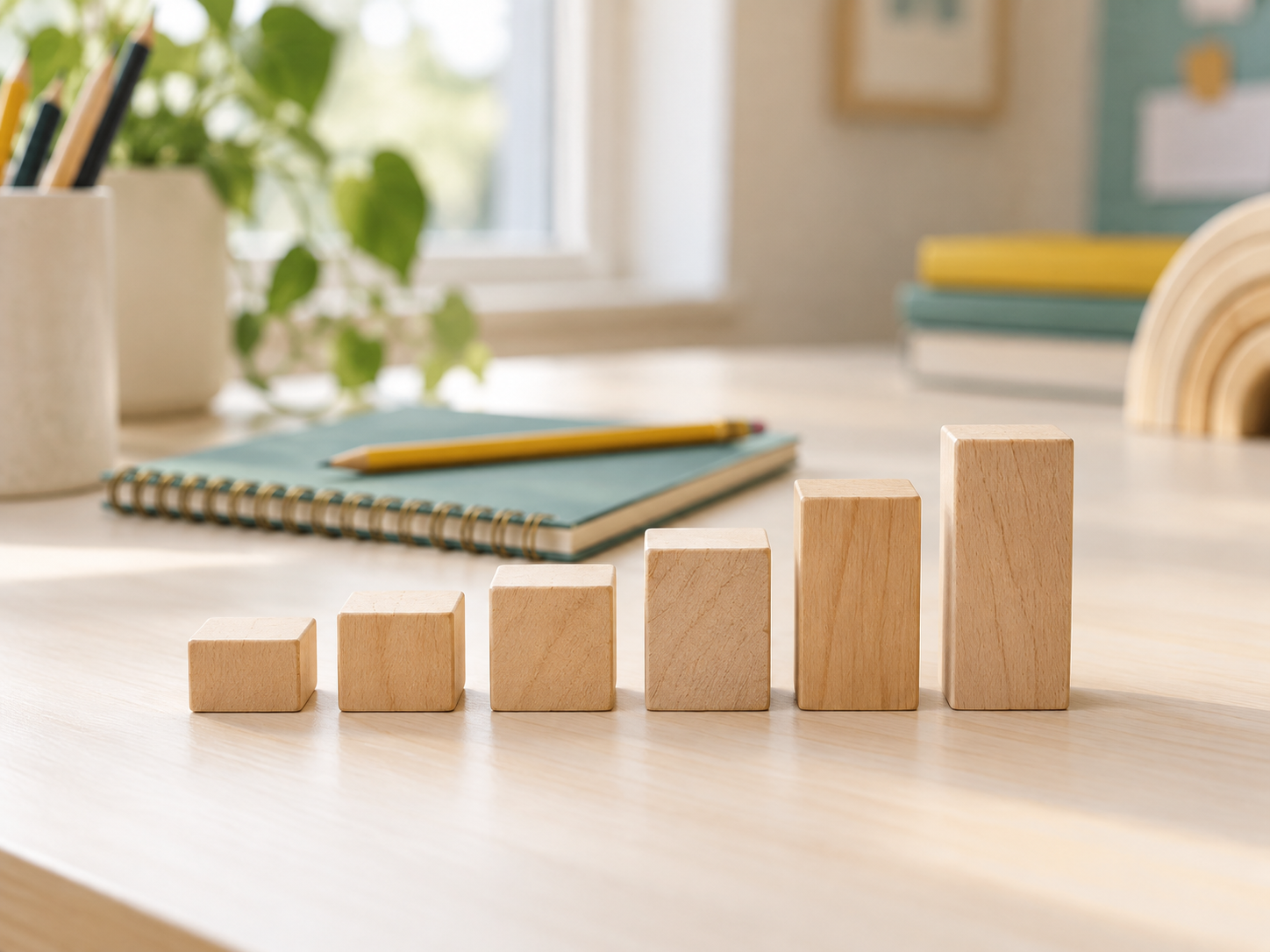 Wooden blocks arranged in ascending steps beside a notebook