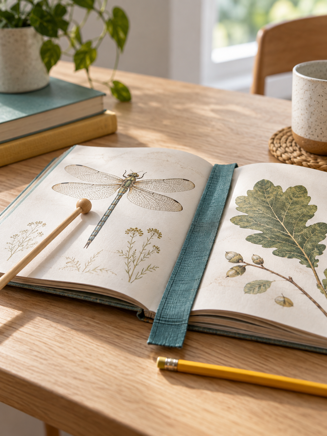 Open nature book with dragonfly and leaf illustrations and a teal bookmark
