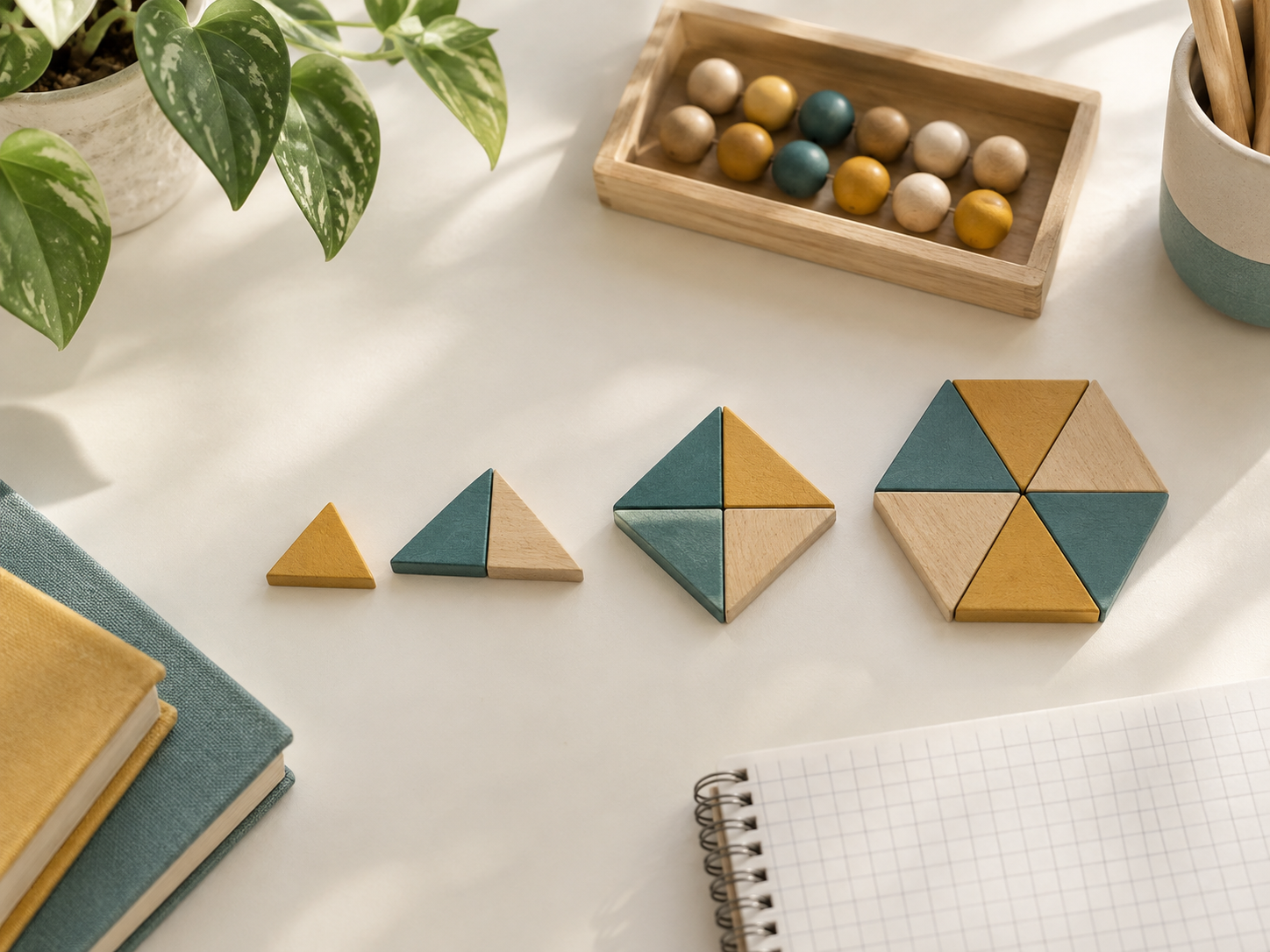 Teal and yellow geometric learning pieces with counting beads and a notebook