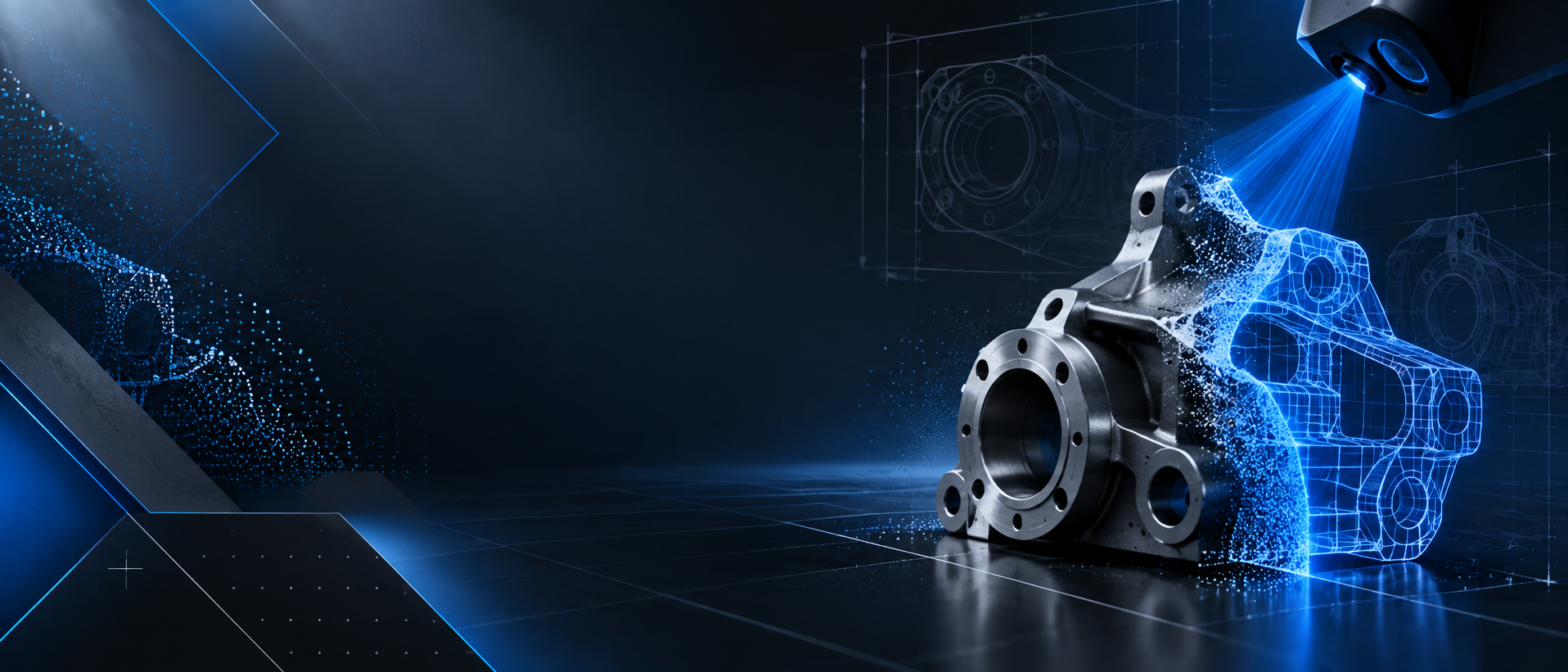 A metallic mechanical part is depicted with digital blueprint and holographic wireframe overlay against a dark background, emphasizing technology and engineering.