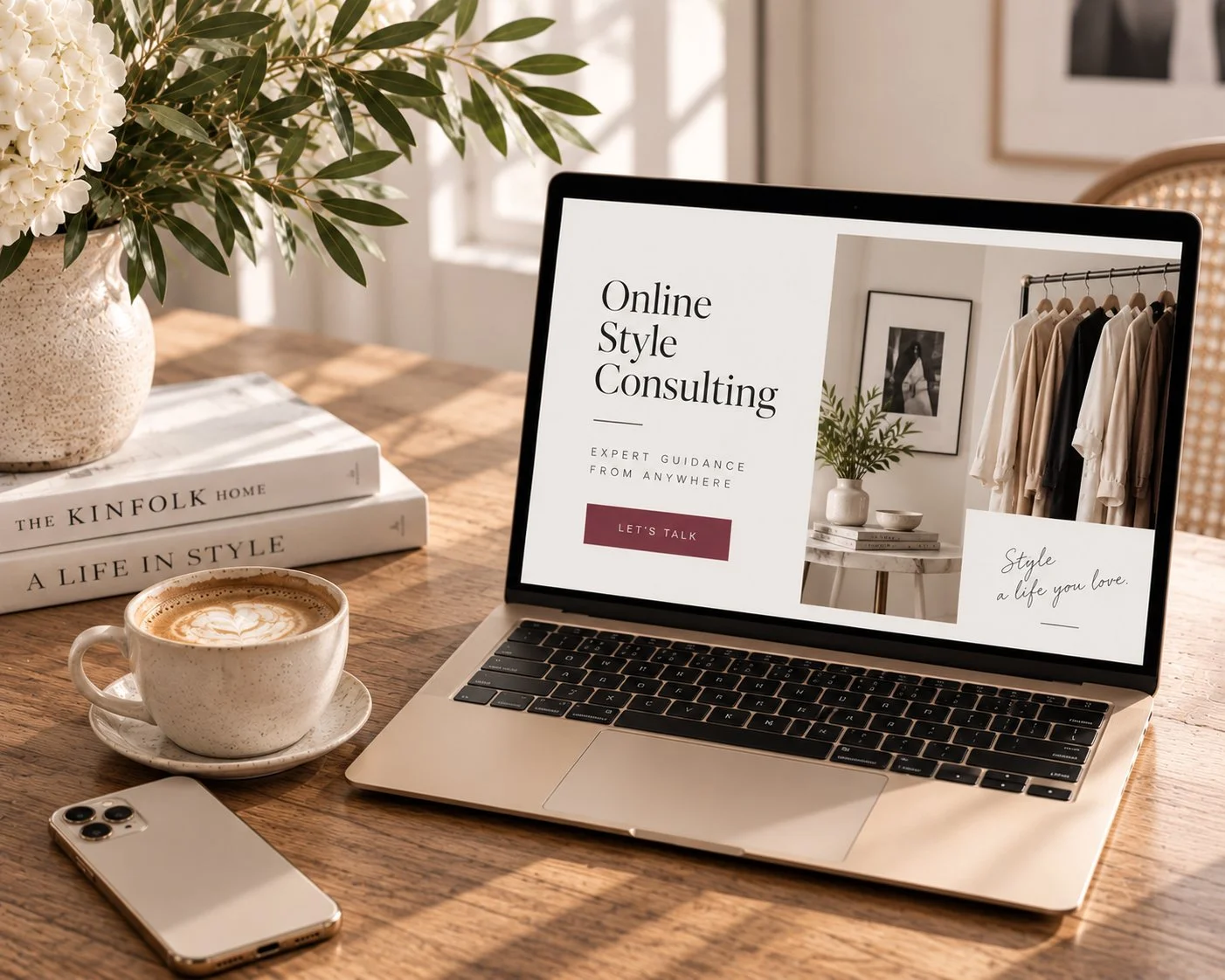 A laptop on a wooden table displays a website for online style consulting. Next to the laptop, a beige cup of coffee with latte art, two books titled "The Kinfolk Home" and "A Life in Style," and a white smartphone are arranged. A large vase of white flowers with green leaves sits on the table. The background shows a bright room with window light.